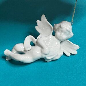 White Glazed Ceramic Cherub Angel Playing Mandolin Christmas Ornament 3.25"